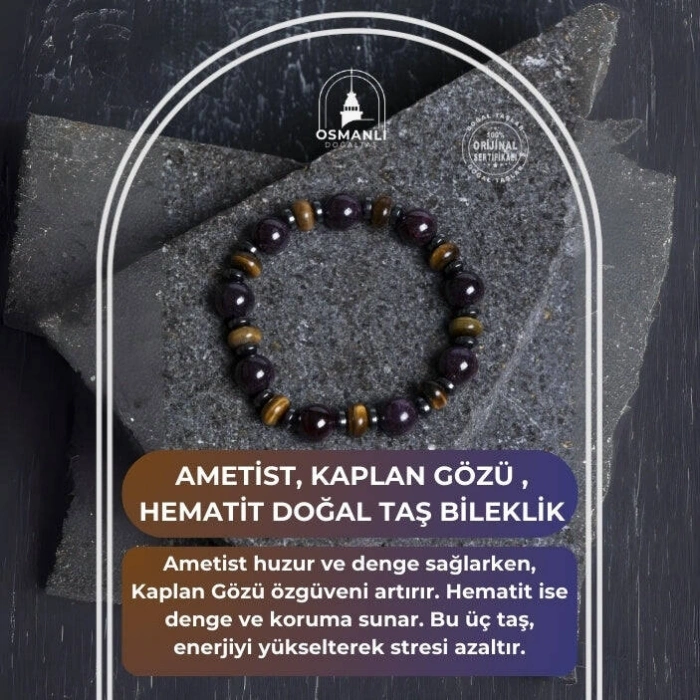 Sertifikalı Ametist, Kaplan Gözü , Hematit Doğal Taş Bileklik