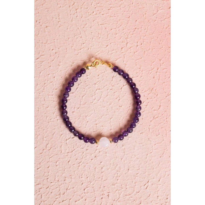 Sertifikalı Ametist, Pembe Kuvars Gümüş Aparatlı Doğal Taş Bileklik (SK:058)