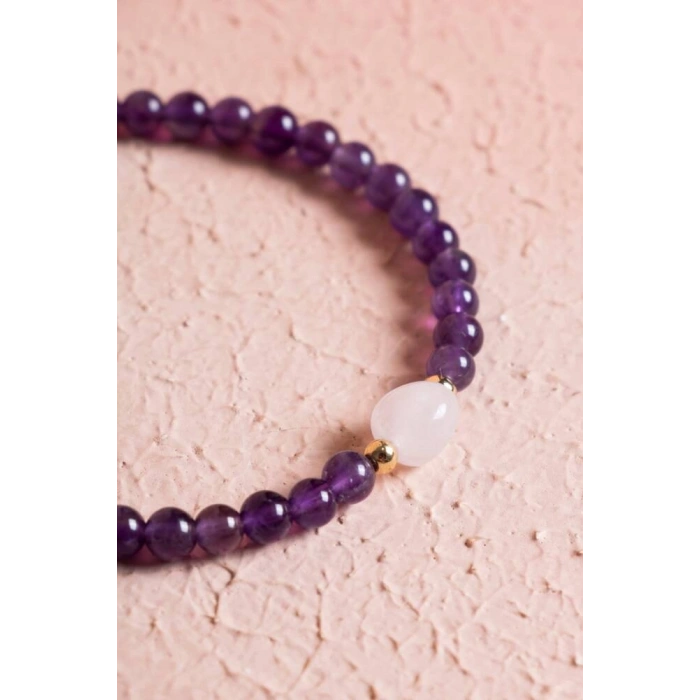 Sertifikalı Ametist, Pembe Kuvars Gümüş Aparatlı Doğal Taş Bileklik (SK:058)