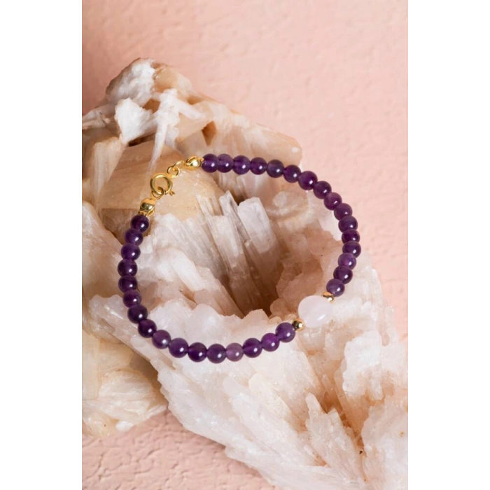 Sertifikalı Ametist, Pembe Kuvars Gümüş Aparatlı Doğal Taş Bileklik (SK:058)