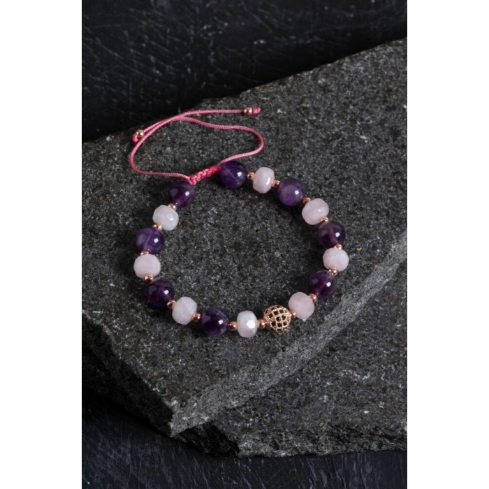 Sertifikalı Ametist ve Pembe Kuvars Doğaltaş Bileklik