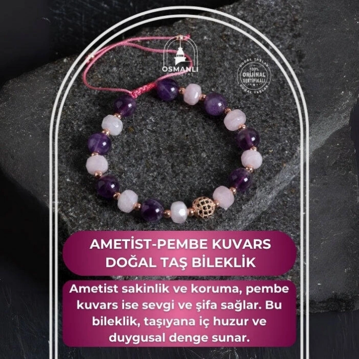 Sertifikalı Ametist ve Pembe Kuvars Doğaltaş Bileklik