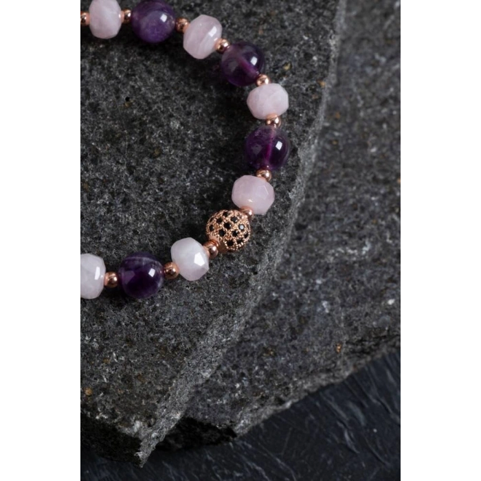 Sertifikalı Ametist ve Pembe Kuvars Doğaltaş Bileklik