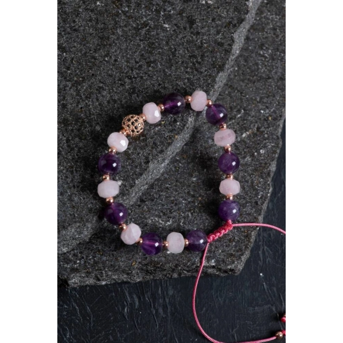 Sertifikalı Ametist ve Pembe Kuvars Doğaltaş Bileklik