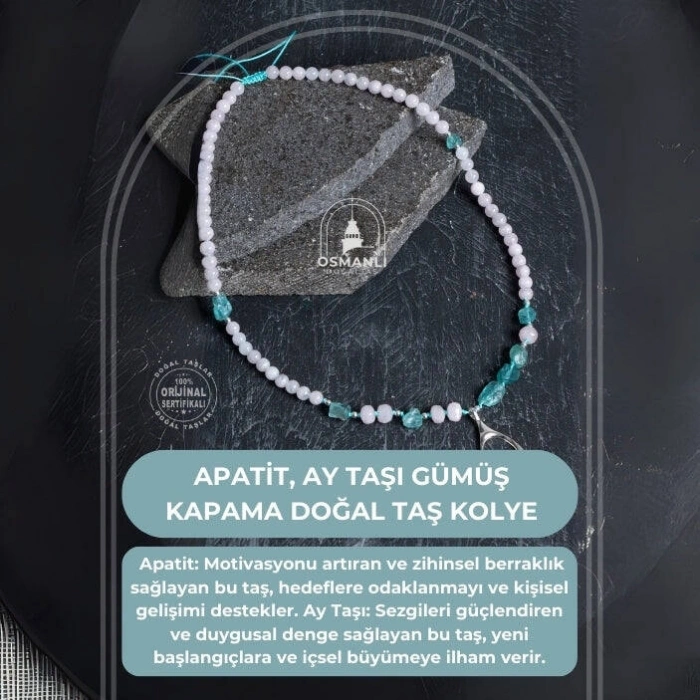 Sertifikalı Apatit, Ay Taşı Gümüş Kapama Doğal Taş Kolye