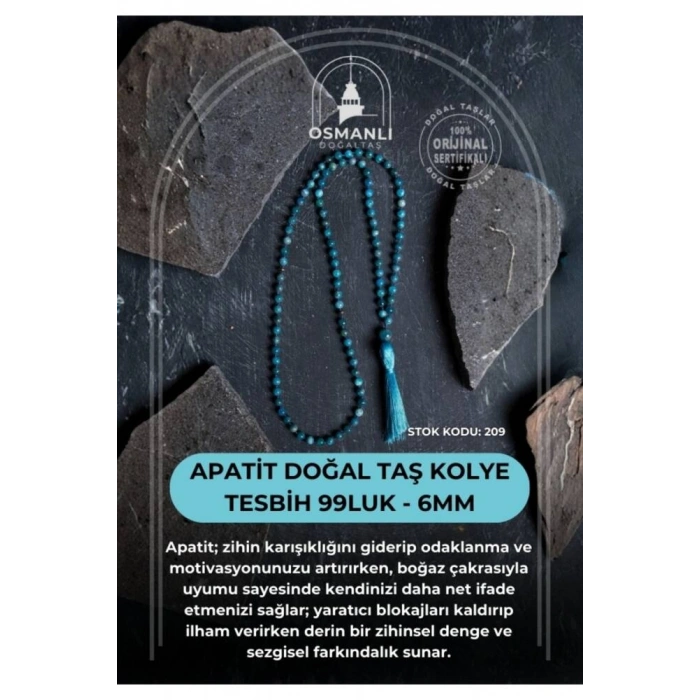 Sertifikalı Apatit Doğal Taş Kolye Tesbih 99luk - 6mm (SK:209)