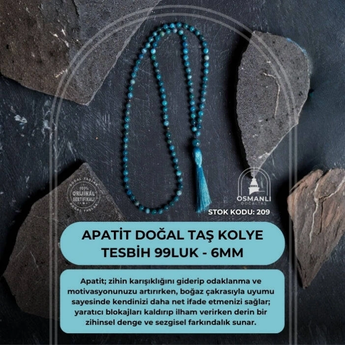 Sertifikalı Apatit Doğal Taş Kolye Tesbih 99luk - 6mm (SK:209)