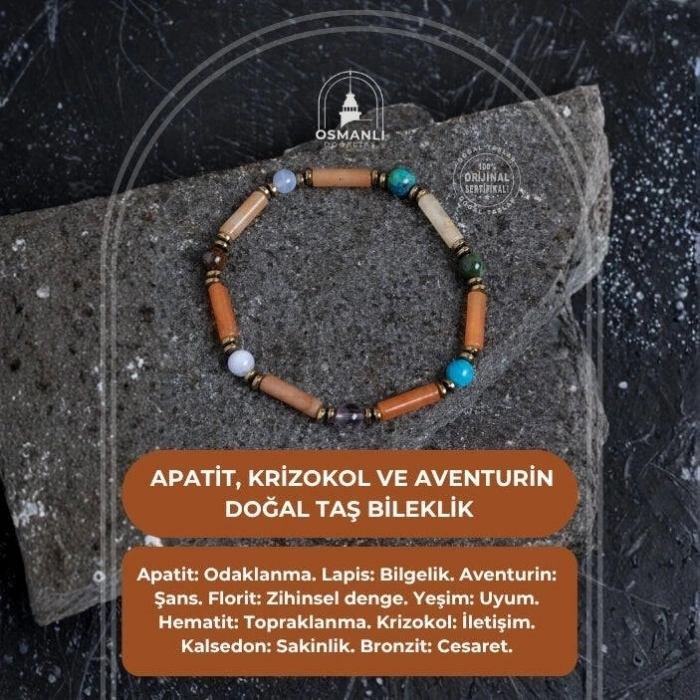 Sertifikalı Apatit, Krizokol ve Aventurin Doğal Taş Bileklik