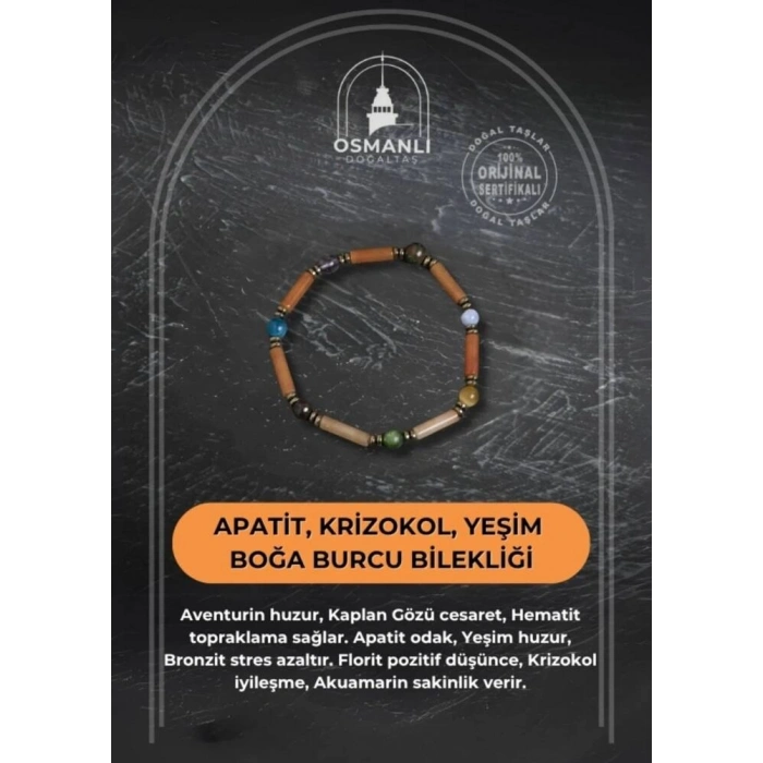 Sertifikalı Apatit, Krizokol ve Yeşim Boğa Burcu Bilekliği