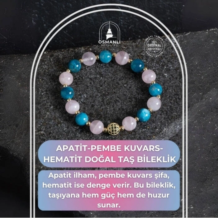 Sertifikalı Apatit, Pembe Kuvars ve Hematit Bileklik