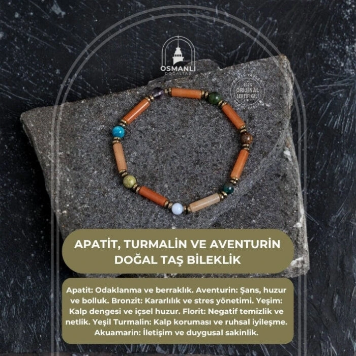 Sertifikalı Apatit, Turmalin ve Aventurin Doğal Taş Bileklik