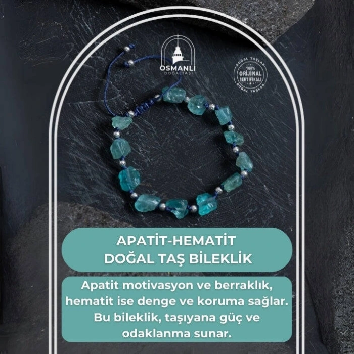 Sertifikalı Apatit ve Hematit Doğal Taş Makrome Bileklik