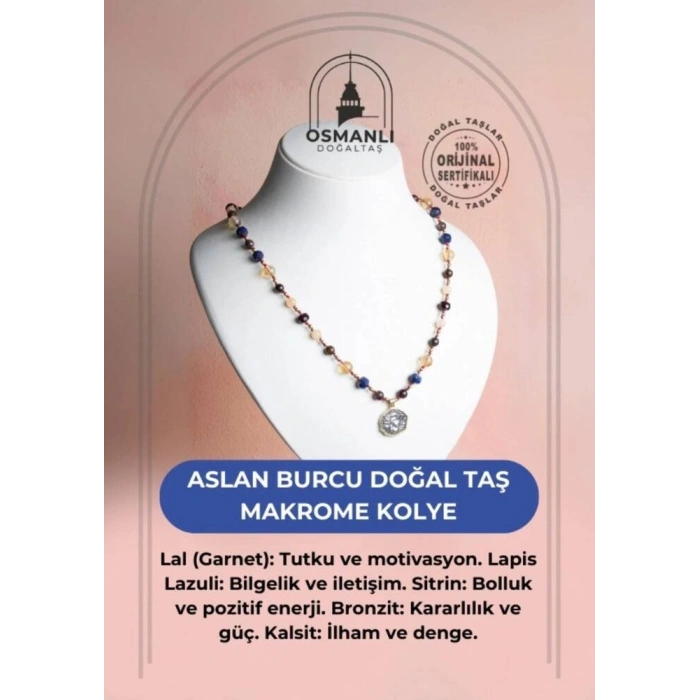 Sertifikalı Aslan Burcu Doğal Taş Makrome Kolye