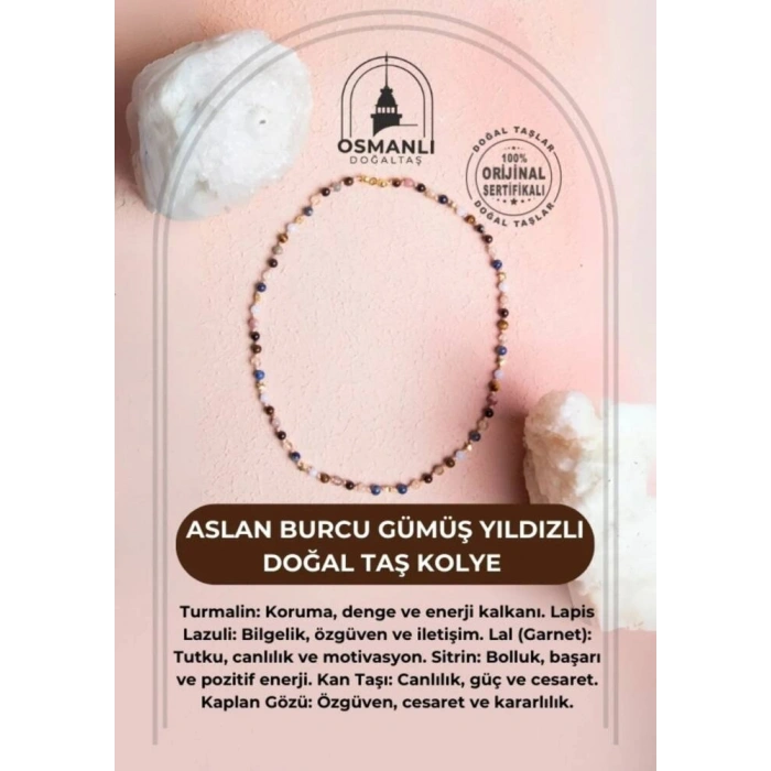 Sertifikalı Aslan Burcu Gümüş Yıldızlı Doğal Taş Kolye