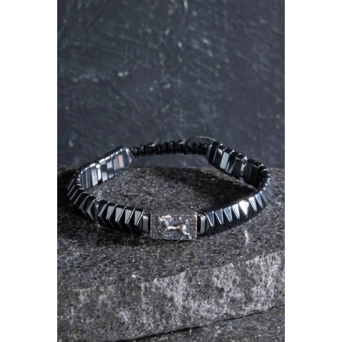 Sertifikalı At Figürlü Gümüş Aparatlı Hematit Doğal Taş Makrome Bileklik