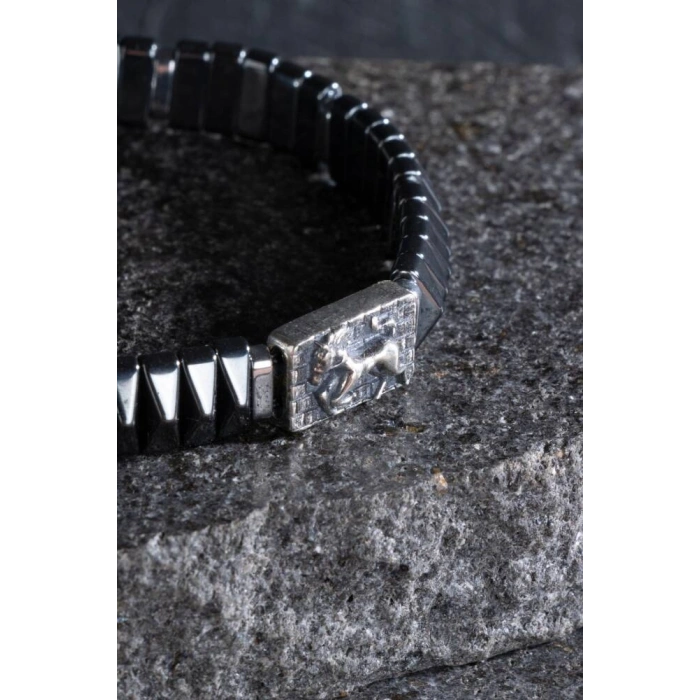 Sertifikalı At Figürlü Gümüş Aparatlı Hematit Doğal Taş Makrome Bileklik