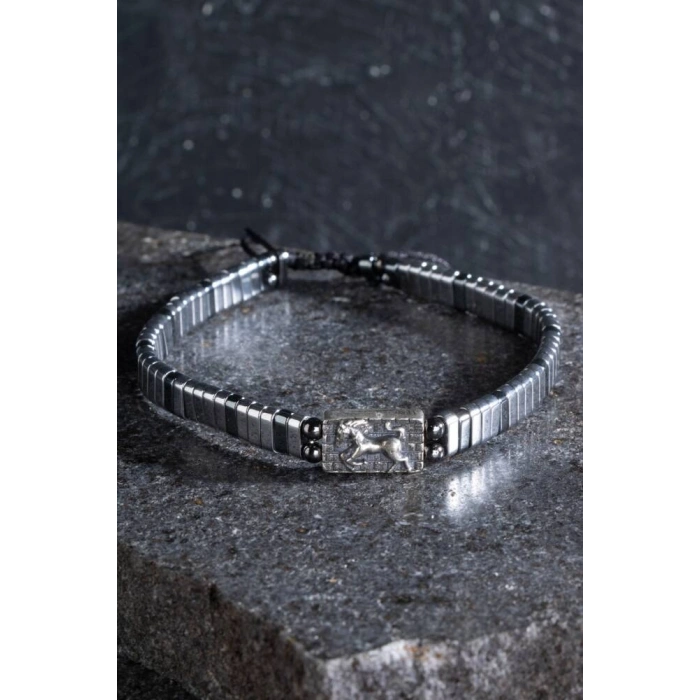 Sertifikalı At Figürlü Gümüş Aparatlı Hematit Doğal Taş Makrome Bileklik