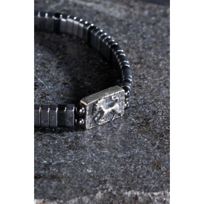 Sertifikalı At Figürlü Gümüş Aparatlı Hematit Doğal Taş Makrome Bileklik