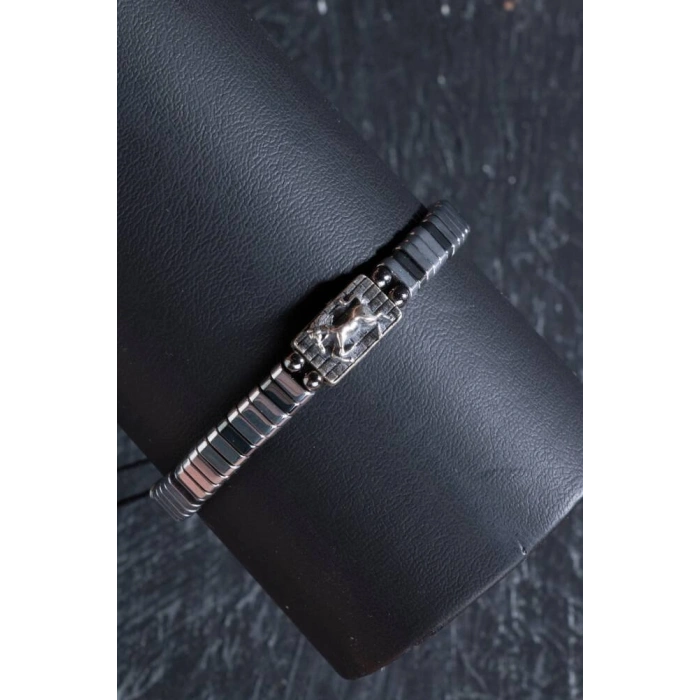 Sertifikalı At Figürlü Gümüş Aparatlı Hematit Doğal Taş Makrome Bileklik