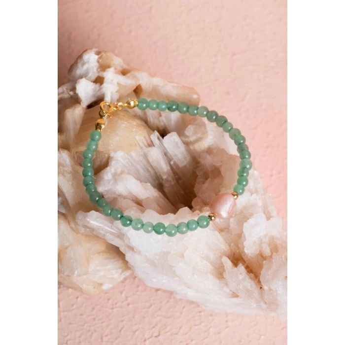 Sertifikalı Aventurin, Güneş Taşı Gümüş Aparatlı Doğal Taş Bileklik (SK:057)