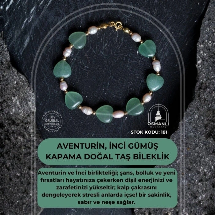 Sertifikalı Aventurin, İnci Gümüş Kapama Doğal Taş Bileklik (SK:181)