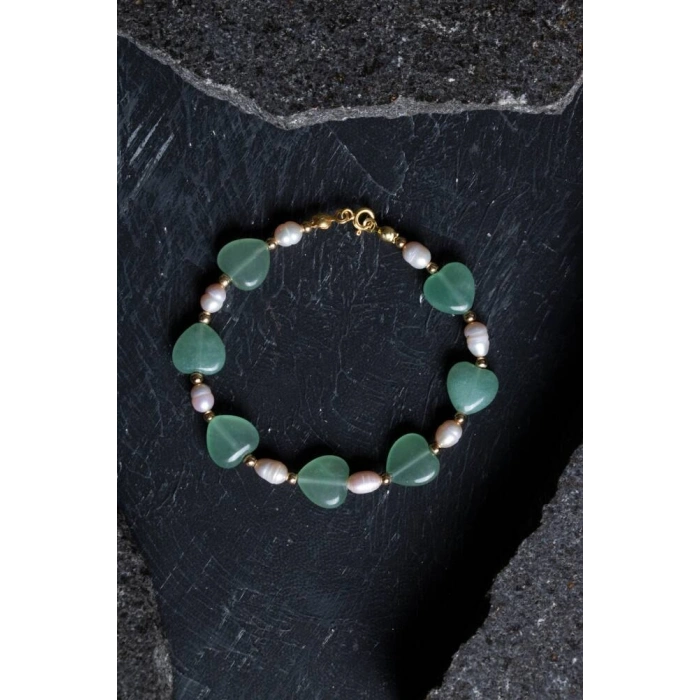 Sertifikalı Aventurin, İnci Gümüş Kapama Doğal Taş Bileklik (SK:181)