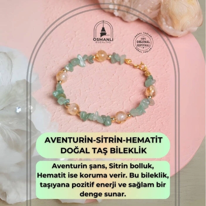 Sertifikalı Aventurin, Sitrin, Hematit Gümüş Doğal Taş Bileklik