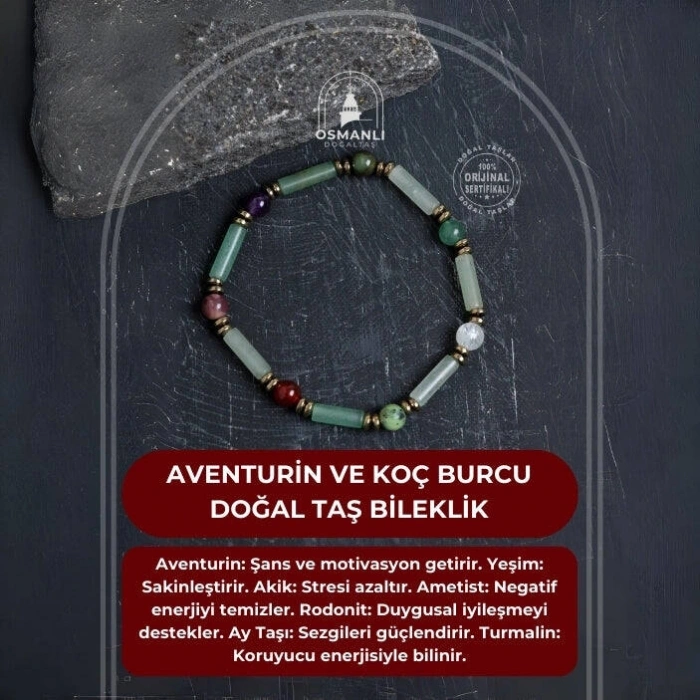 Sertifikalı Aventurin ve Koç Burcu Doğal Taş Bileklik
