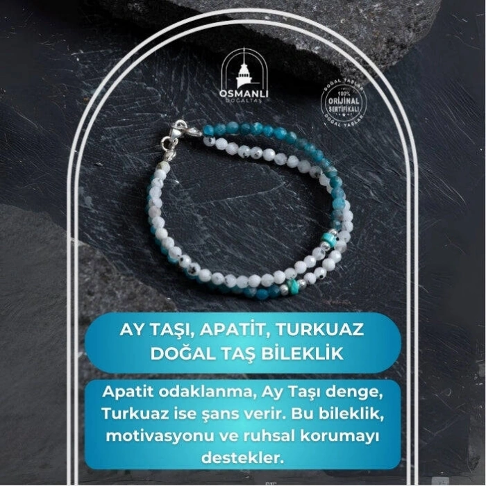 Sertifikalı Ay Taşı, Apatit, Turkuaz Gümüş Kapama Doğal Taş Bileklik