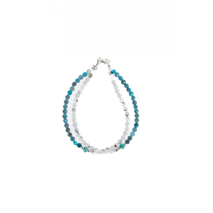 Sertifikalı Ay Taşı, Apatit, Turkuaz Gümüş Kapama Doğal Taş Bileklik