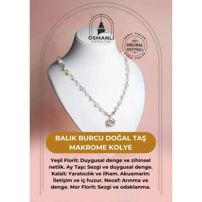 Sertifikalı Balık Burcu Doğal Taş Makrome Kolye