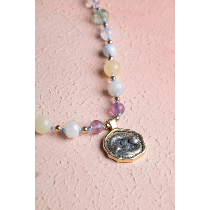 Sertifikalı Balık Burcu Doğal Taş Makrome Kolye