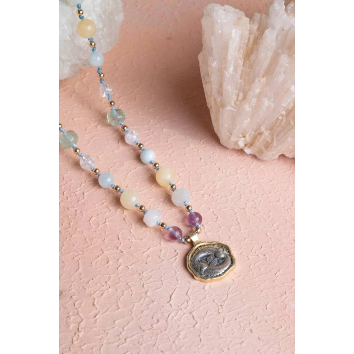 Sertifikalı Balık Burcu Doğal Taş Makrome Kolye