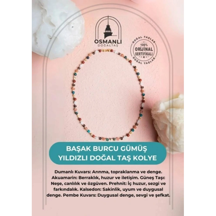 Sertifikalı Başak Burcu Gümüş Yıldızlı Doğal Taş Kolye