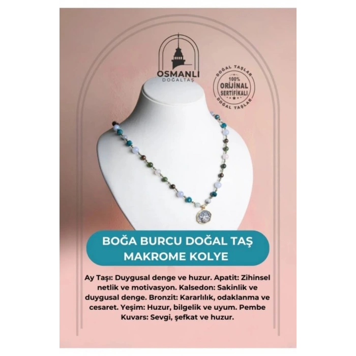 Sertifikalı Boğa Burcu Doğal Taş Makrome Kolye