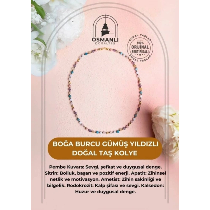 Sertifikalı Boğa Burcu Gümüş Yıldızlı Doğal Taş Kolye
