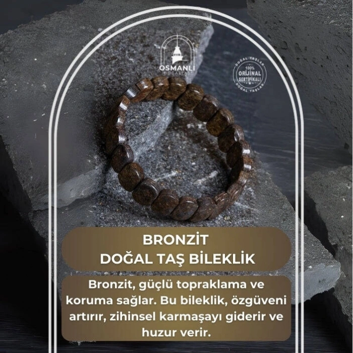 Sertifikalı Bronzit Geniş Kesim Doğal Taş Bileklik