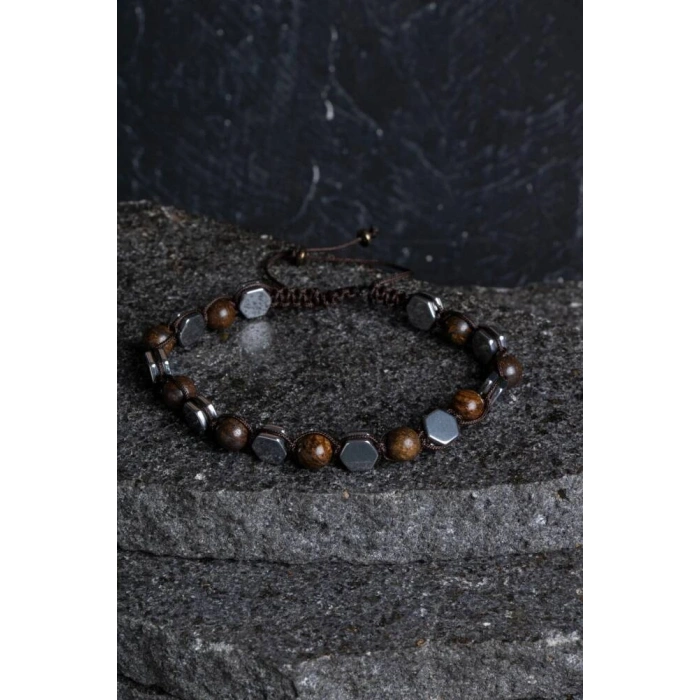Sertifikalı Bronzit, Hematit Doğal Taş Makrome Bileklik