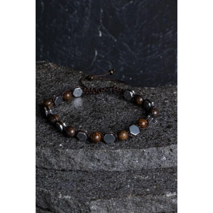 Sertifikalı Bronzit, Hematit Doğal Taş Makrome Bileklik