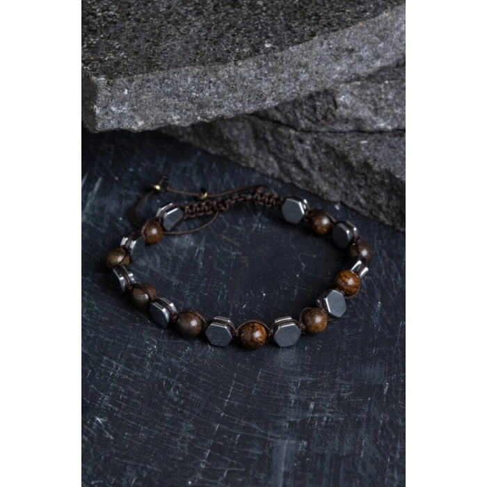 Sertifikalı Bronzit, Hematit Doğal Taş Makrome Bileklik