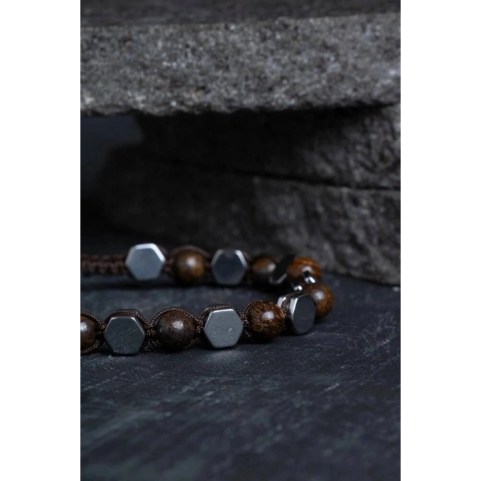 Sertifikalı Bronzit, Hematit Doğal Taş Makrome Bileklik