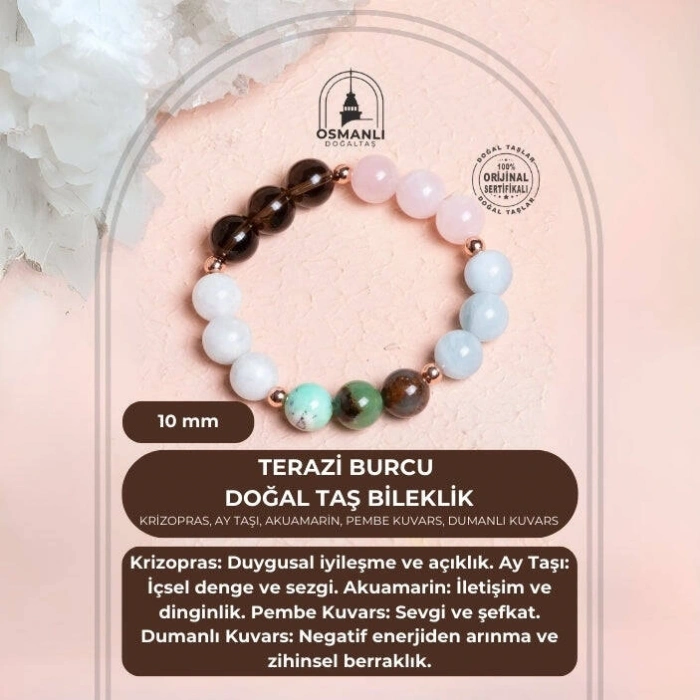 Sertifikalı Burç Doğal Taş Bileklik -Terazi Burcu