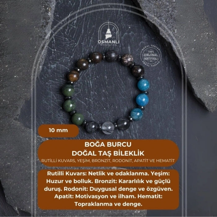 Sertifikalı Doğal Taş Bileklik/Boğa Burcu