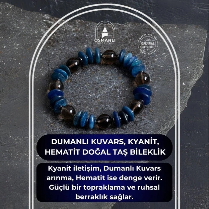 Sertifikalı Dumanlı Kuvars, Kyanit, Hematit Doğal Taş Bileklik