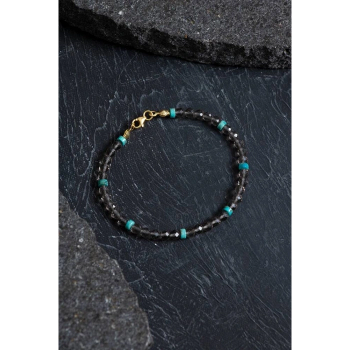 Sertifikalı Dumanlı Kuvars, Turkuaz Doğal Taş Bileklik