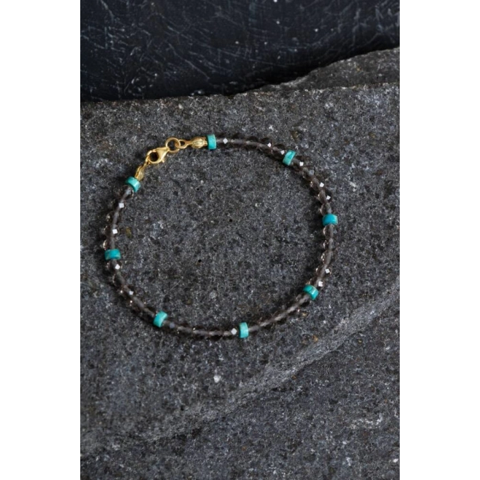Sertifikalı Dumanlı Kuvars, Turkuaz Doğal Taş Bileklik