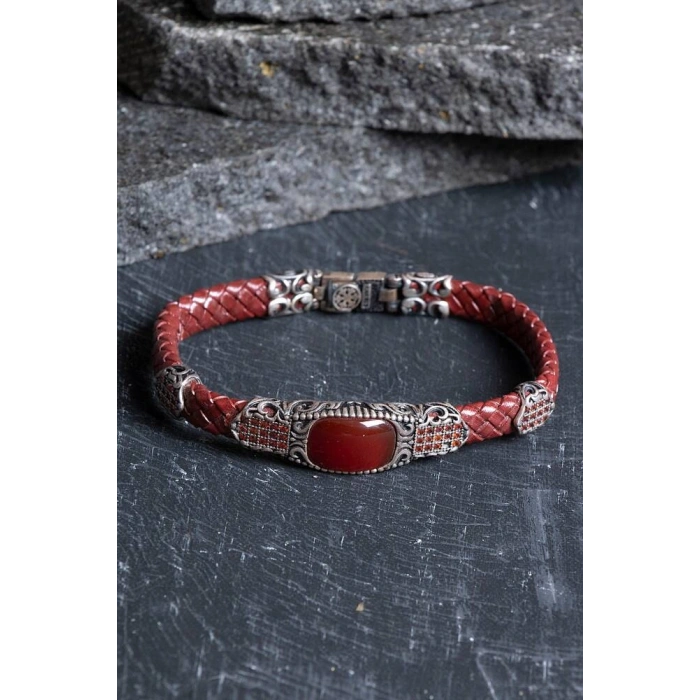 Sertifikalı El İşçiliği Gümüş Akik Doğal Taş Detaylı Deri Bileklik (SK:199)