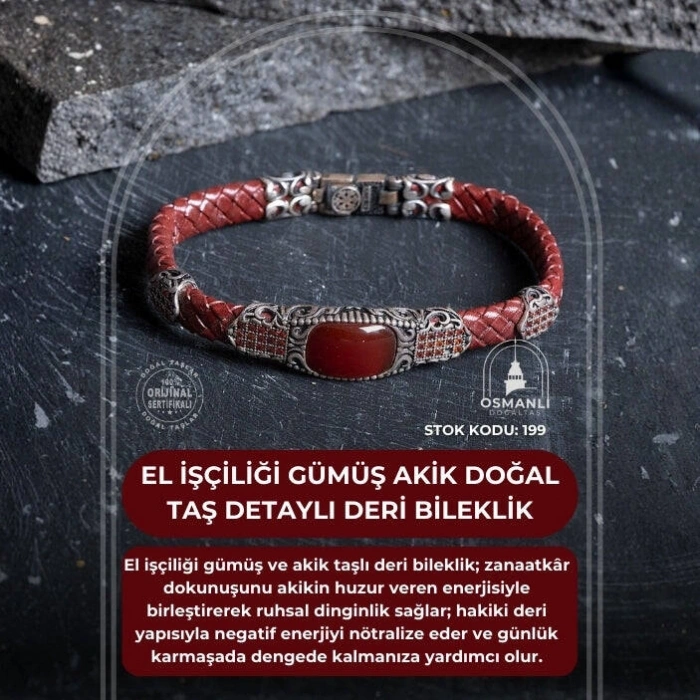 Sertifikalı El İşçiliği Gümüş Akik Doğal Taş Detaylı Deri Bileklik (SK:199)