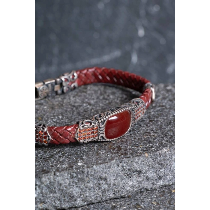 Sertifikalı El İşçiliği Gümüş Akik Doğal Taş Detaylı Deri Bileklik (SK:199)