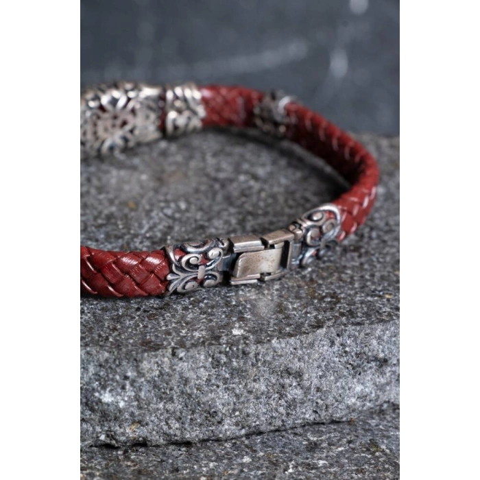 Sertifikalı El İşçiliği Gümüş Akik Doğal Taş Detaylı Deri Bileklik (SK:199)